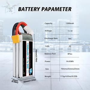 Batterie Lipo 3S 1300mAh 11.1V <span class=keywords><strong>90C</strong></span> avec prise XT60 |   Port de balance 4 broches pour drone FPV, voiture RC, hélicoptère, bateau 102535 103048 21700 - Product Image 2