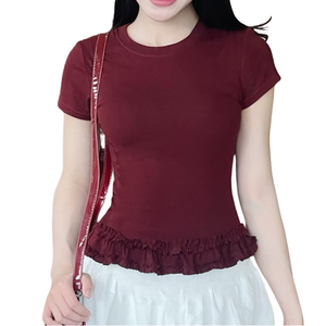 Camiseta de Mujer de Lona Informal, Transpirable, a la Moda, Nueva de Primavera, de Corte Regular, con Cuello Redondo y Encaje, al por Mayor - Product Image 1