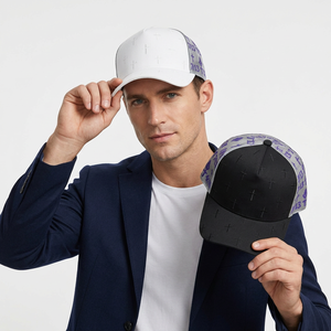 Casquette Trucker en Maille pour Homme, Motif Géométrique Blanc et Noir, Fermeture Arrière Ajustable, Style Urbain Décontracté, Printemps-Été, Chapeau 6 Panneaux - Product Image 1