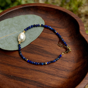 Minimalist thin <b>beaded</b> <b>bracelet</b> Vintage Natural Gemstone Pearl <b>Bracelet</b> Bohemian Style Lapis Lazuli <b>Bracelet</b> with Pearl Charm - Product Image 1