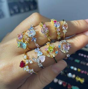 Custom Different Design & Color Zircon Rings Heart Star <b>Moon</b> Square Mixed Cut <b>Crystal</b> Stackable Fashion Ring Bulk For Gift - Product Image 1