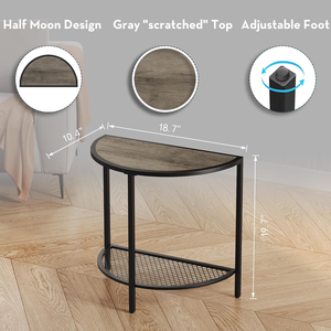 Tavolino laterale a 2 livelli a mezzaluna grigio con piano in legno, piedini regolabili, tavolino stretto - Product Image 3