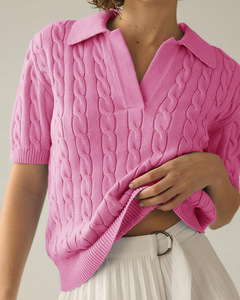 Nouveau col polo manches courtes femmes pull pull personnalisé décontracté ample couleur unie <span class=keywords><strong>tricot</strong></span>é haut câble pull pour les femmes - Product Image 4