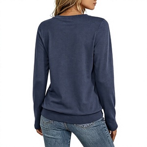 T-shirt en tricot à manches longues pour femme, col rond, couleur unie, coupe ample, décontracté, respirant, en coton, collection toutes saisons, Bangladesh - Product Image 2