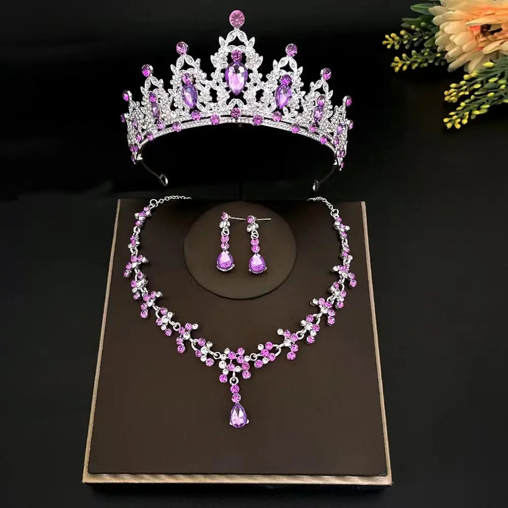 Princess Crystal Pink Blue Crown Tiara for Bridal Wedding Girl tiaras Necklace Hair Accessories Jewelry Set For Prom Party