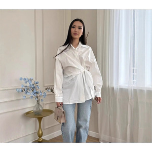 Chemise en coton à lacets sur le côté, style européen et américain, coupe amincissante polyvalente pour taille XL - Product Image 2
