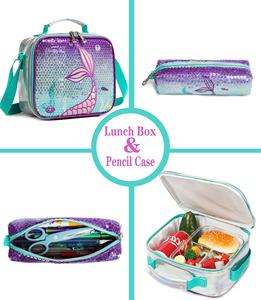 Mermaid Rolling Girls Sac à dos avec roues Sac d'école Trolley Bagages de voyage avec boîte à lunch pour étudiant d'âge préscolaire - Product Image 4