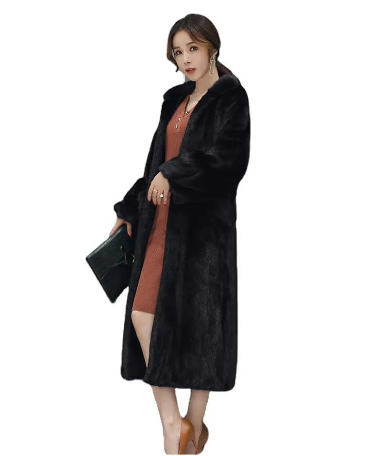 Casaco de pele de vison artificial, casaco longo para mulheres sobre o joelho importado