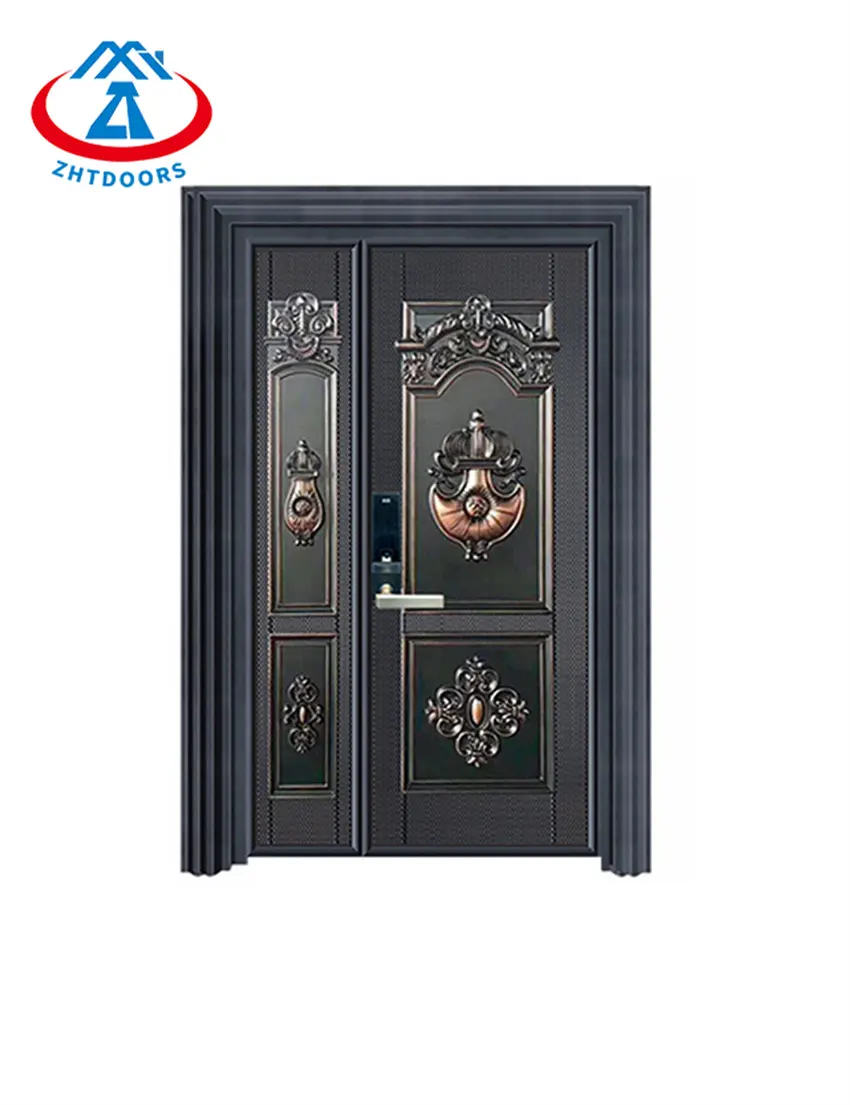 Zhtdoors sản phẩm phản hồi tốt nhất nhập kép bên ngoài kim loại an ninh phía trước bên ngoài cửa đồng nhập