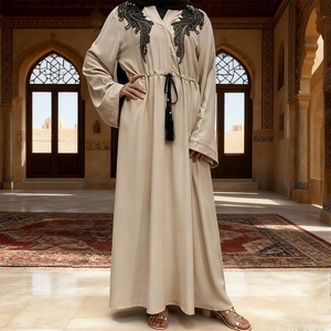 Elegant Closed Abaya Garment with Waist Tie Tassel and Intricate Black <b>Applique</b> Embroidery for Islamic Women (style 6510) - Product Image 2