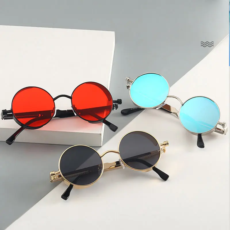 Wholesale Retro Round Metal Glasses Men Women Fashion UV 400 Protection Custom Logo Vintage Steampunk Sunglasses 2023