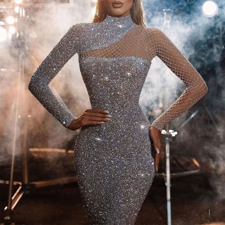 Classic Elegant Slim Sequin Gown - Off Shoulder Evening Dress for Ladies,  Perfect for Formal Occasions