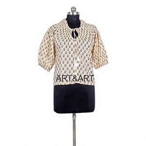 Robe Courte Moderne en Coton pour Femme, Motif Floral, Lacets, Pompons, Manches 3/4, Silhouette Confortable, Coupe Décontractée, Très Élégante - Product Image 1
