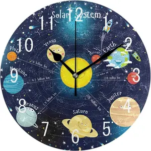 جديد 2024 ساعة حائط خشبية بشعار مخصص مودرن مستديرة بسيطة خشبية للكواكب الفضاء الشمس عطارد فينوس القمر الأرض ساعات ديكور منزلي