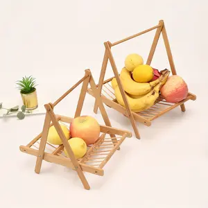 Bamboo Wooden Foldable Fruit Basket Fruit Holder Rack For Countertop Multifunctional Food Vegetable Storage Organizer Rack
