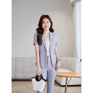 Women's Light Gray Short Sleeve <b>Blazer</b> And Trousers <b>Set</b> Formal Anti-Wrinkle Commute Wear HTN803 - Product Image 1