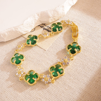 Gelang Wanita Berbentuk Semanggi Berdaun Empat Berlapis Emas dengan Batu Kaca Warna-warni dan Pesona Bunga CZ, Gelang Pesta Mewah, Perhiasan Fashion