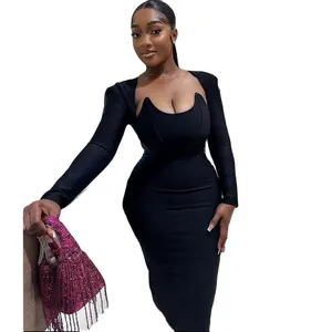 MTXC 2024 High Quality Ladies Elegant Cutout Long Sleeve Bandage Bodycon Midi Evening Dress For Women Rose Pink Red Black