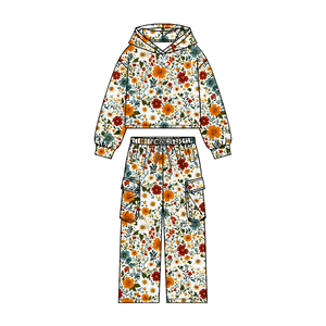 Conjunto de Sudadera con Capucha y Estampado Floral de Mariposas para Niñas Pequeñas, Sudadera Corta Beige con Estampado + Pantalones Cargo, Atuendo Casual de Otoño para Niños - Product Image 1