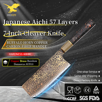Pisau Cleaver KEENHOPE 7 Inci, Pisau Koki Baja Damascus Aichi 57 Lapis Tembaga Kuningan Jepang, Gagang Resin Serat Karbon AUS-10