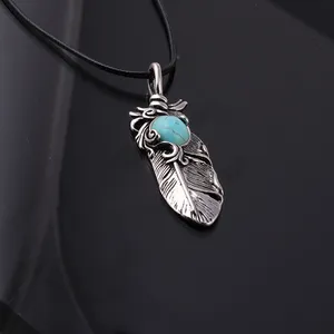 Vintage Stainless Chain Silver Leave Pendant Turquoise Alloy Necklace NA019