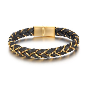 Gelang kulit asli berlapis emas pria, gelang dan gelang kulit asli dengan kotak kepang buatan tangan baja tahan karat - Product Image 6