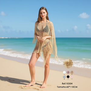 Angelina Net Shawl Cover Up 60x110cm Top de plage beige à franges - Product Image 2