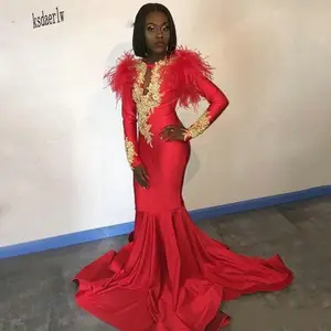 EV033 African Red 2022 Prom Dresses Long Sleeves Gold Appliques Feather Formal Mermaid Evening Dress Party Gowns