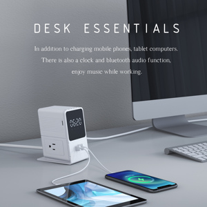 Protector de Sobretensión JEOSTORM 300J, Regleta de Enchufes Compacta con Reloj Despertador y Altavoz, 2 Tomas de CA, 3 Puertos USB (PD 20W/QC 18W) para 2M - Product Image 6