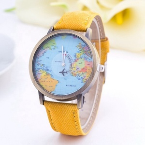 นาฬิกาข้อมือผ้าเดนิม ผ้าแคนวาส สายหนัง ลายแผนที่โลก รูปทรงเครื่องบิน - Product Image 6