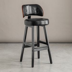 Chaise <span class=keywords><strong>de</strong></span> <span class=keywords><strong>bar</strong></span> sans accoudoirs en <span class=keywords><strong>bois</strong></span> massif, style rétro, luxe léger, cuir véritable, dossier haut, style européen, durable - Product Image 2