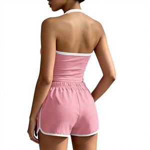 Women 2-Piece Sleeveless Halter Crop Top Shorts Set Striped Breathable Sporty Regular Fit Knitted Fabric Spring Summer Wear - Product Image 6
