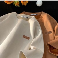 T-shirt décontracté rétro américain pour homme, col rond, manches courtes, en suède tricoté lourd et ample, avec logo imprimé sur le devant