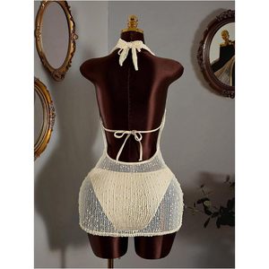 Traje de baño de 3 piezas personalizado para mujer, conjunto de bikini halter, vestido de punto de ganchillo, cintura ajustada, bodycon, pareo de playa - Product Image 2