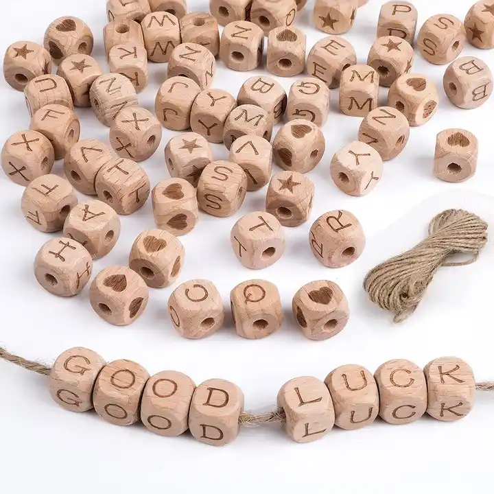 Wooden Letter Beads with Jute String A to Z Wooden Letter Cubes for DIY  Bracelets Necklaces Keychains Jewelry