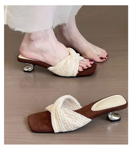 Elegant Square Toe Heeled <b>Sandals</b> With Knitted Bow Suede Upper Low Block Heel Summer Women Shoes Drop Shipping - Product Image 6