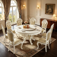 Ensemble de table à manger en marbre de style rococo français, chaises en bois massif sculptées à la main, revêtement en cuir capitonné, meubles de salle à manger rotatifs pour la maison