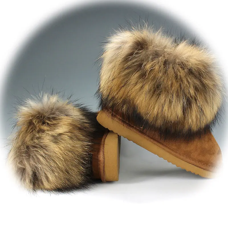 Ankle Boots Casual Furry Genuine Leather Natural Brown Raccoon Fur Trimmed Warm Man Snow Shoes Winter Boots For Men Women