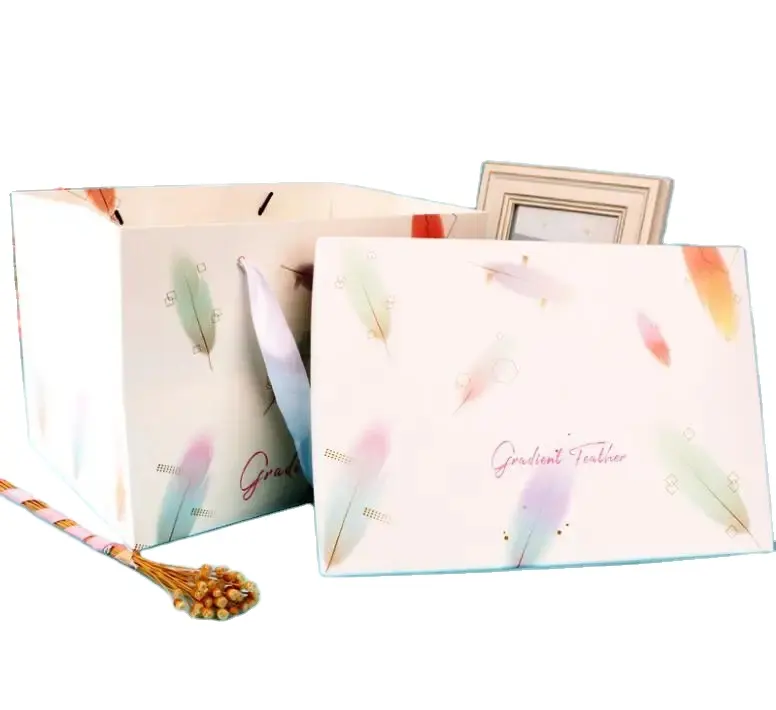 Boîte-cadeau et sacs en papier imprimés à plumes, pas cher, personnalisé, avec poignée avec ruban, pour le thé, les bonbons et biscuits, tendance, vente en gros