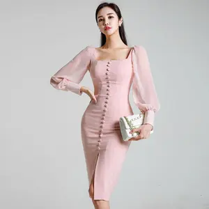 2021 स्प्रिंग समर नई कोरियाई महिलाओं के स्वभाव पोशाक वर्ग कॉलर शिफॉन सिलाई लंबी स्कर्ट बुलबुला आस्तीन बैग हिप पोशाक