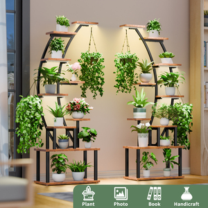 月牙形 LED 植物架一对，高 63 英寸，双拱形金属木质花卉展示架，带生长灯，适合客厅室内使用 - Product Image 6
