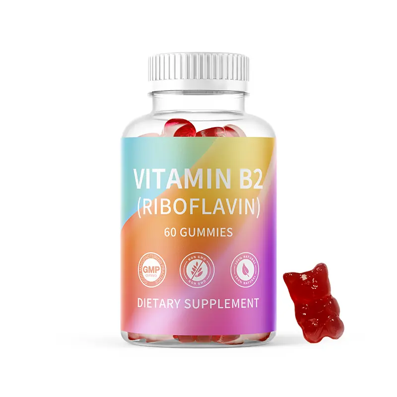 Gomas de vitamina B2 de alta qualidade Riboflavin 500 mg para adultos Suporte para alívio de enxaqueca Suporte para sistema nervoso Vitamina B2 vegana