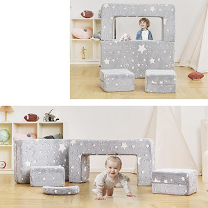 Modular Building Block <b>Sofa</b> Set For <b>Kids</b> With Glow In Dark Plush Fabric Grey 3 In 1 Design For Sitting And Reclining - Product Image 3