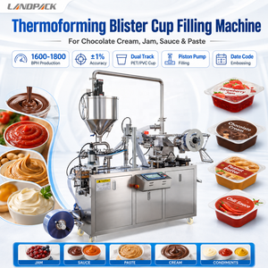 Machine de remplissage et d'emballage sous blister pour coupelles de pâte à tartiner, crème, sauce, confiture, chocolat (blanc, noir, au lait, noisette) et snacks alimentaires au cacao - Product Image 1