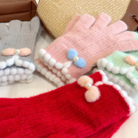 Gants tricotés pour femme avec nœud mignon, compatibles écran tactile, pour l'automne/hiver, pour étudiants et cyclistes - Gants chauds à cinq doigts
