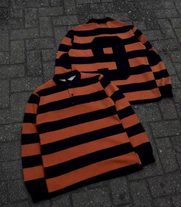 Polo rayé rétro Y2K Harajuku pour homme, manches longues, motif brodé, coupe ample, tenue streetwear, t-shirt - Product Image 2