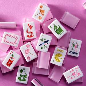 Juego de Mahjong Tropical con Diseño de Bar de Cócteles, Copa de Vino, Botella de <span class=keywords><strong>Ron</strong></span>, Sombrilla de Frutas, Patrón de Aves, Acrílico Rosa y Blanco, Kit de Mahjong Americano - Product Image 1