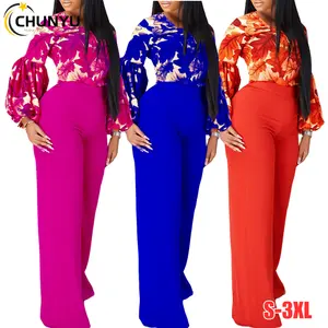 Women's Plus Size two Piece Loose Printed Long Puff Sleeve Top And Solid High Waist Wide Leg Pants Set