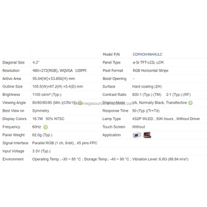 Proveedor de Pantallas LCD COM43H4N44ULC, Paneles de Pantalla de Grado Industrial de 4.3 Pulgadas 480*272, Nuevo y Original COM43H4N44ULC - Product Image 3