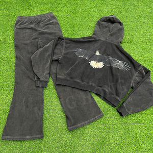 Survêtement homme en coton à rayures latérales imprimé logo avec fermeture éclair Survêtement évasé lavé à l'acide avec strass Ensemble de survêtement personnalisé - Product Image 6